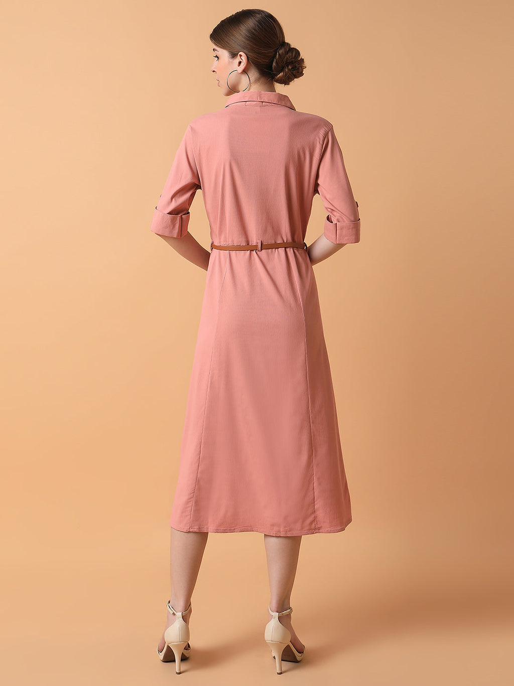 Women's Solid Peach Midi A-Line Dress with Belt