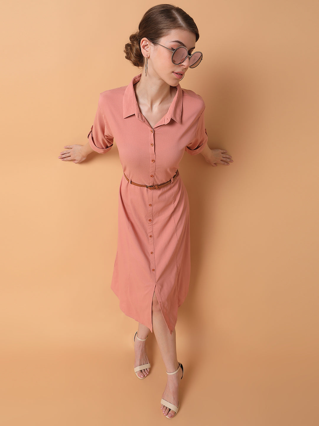 Women's Solid Peach Midi A-Line Dress with Belt