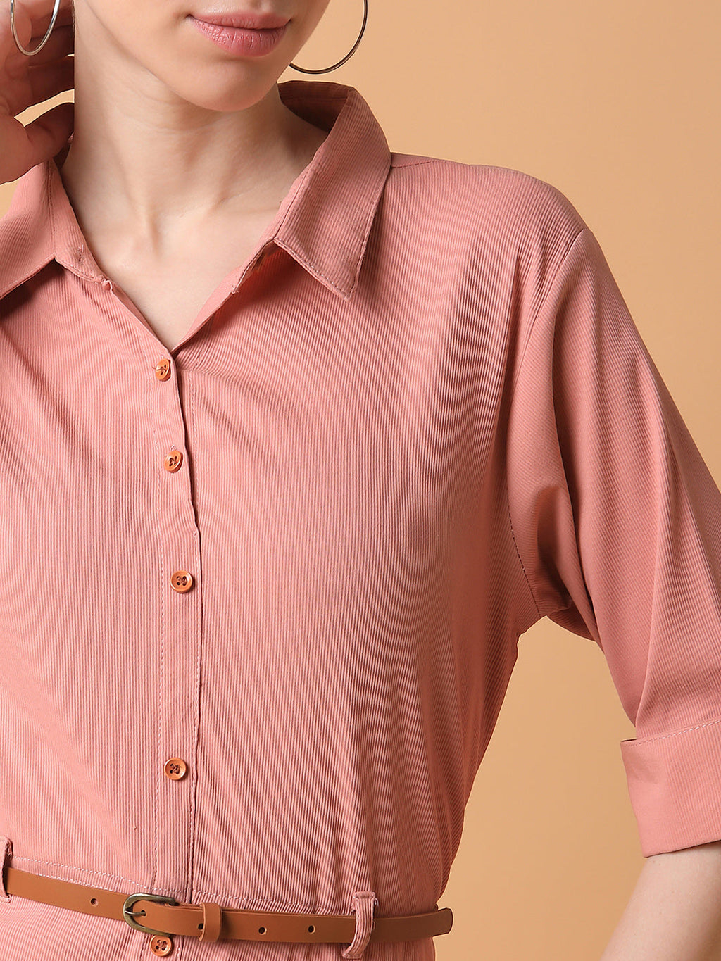 Women's Solid Peach Midi A-Line Dress with Belt