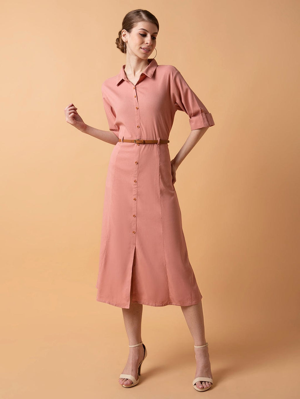 Women's Solid Peach Midi A-Line Dress with Belt