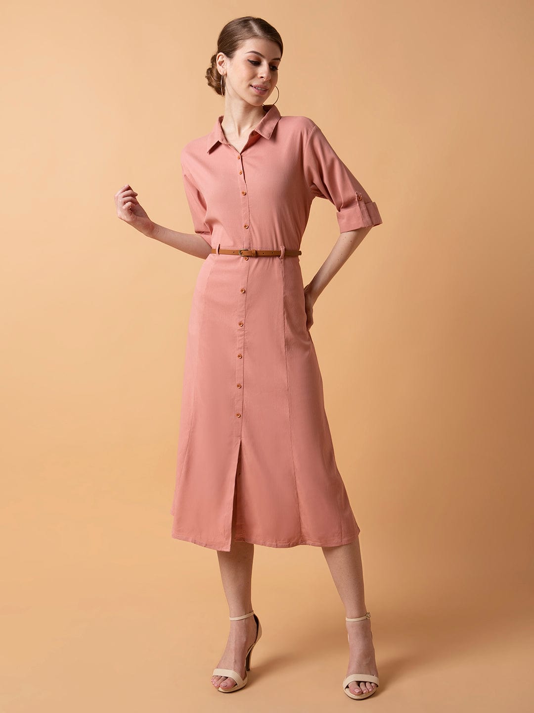 Women's Solid Peach Midi A-Line Dress with Belt