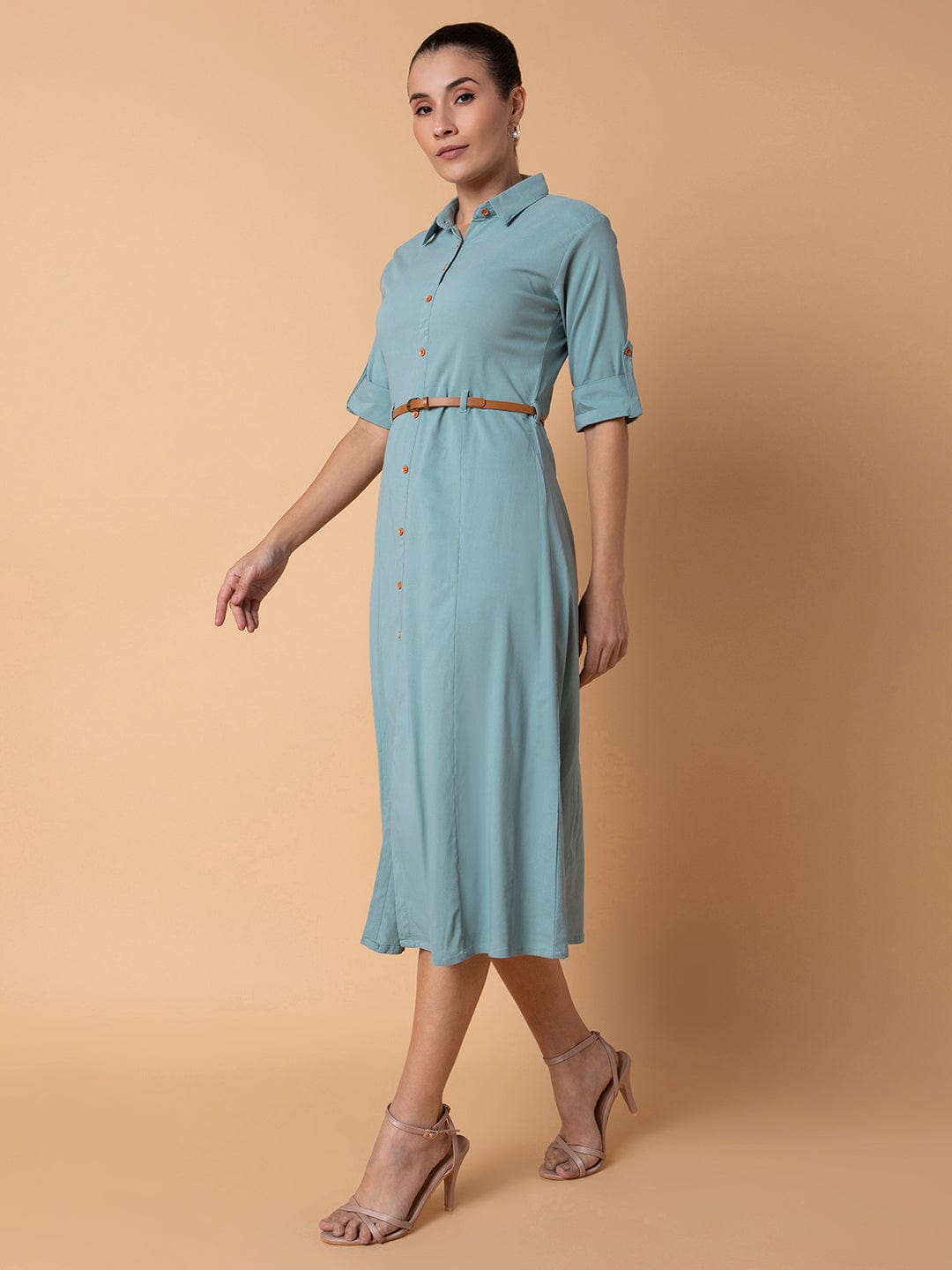 Women's Solid Sea Green Midi A-Line Dress with Belt