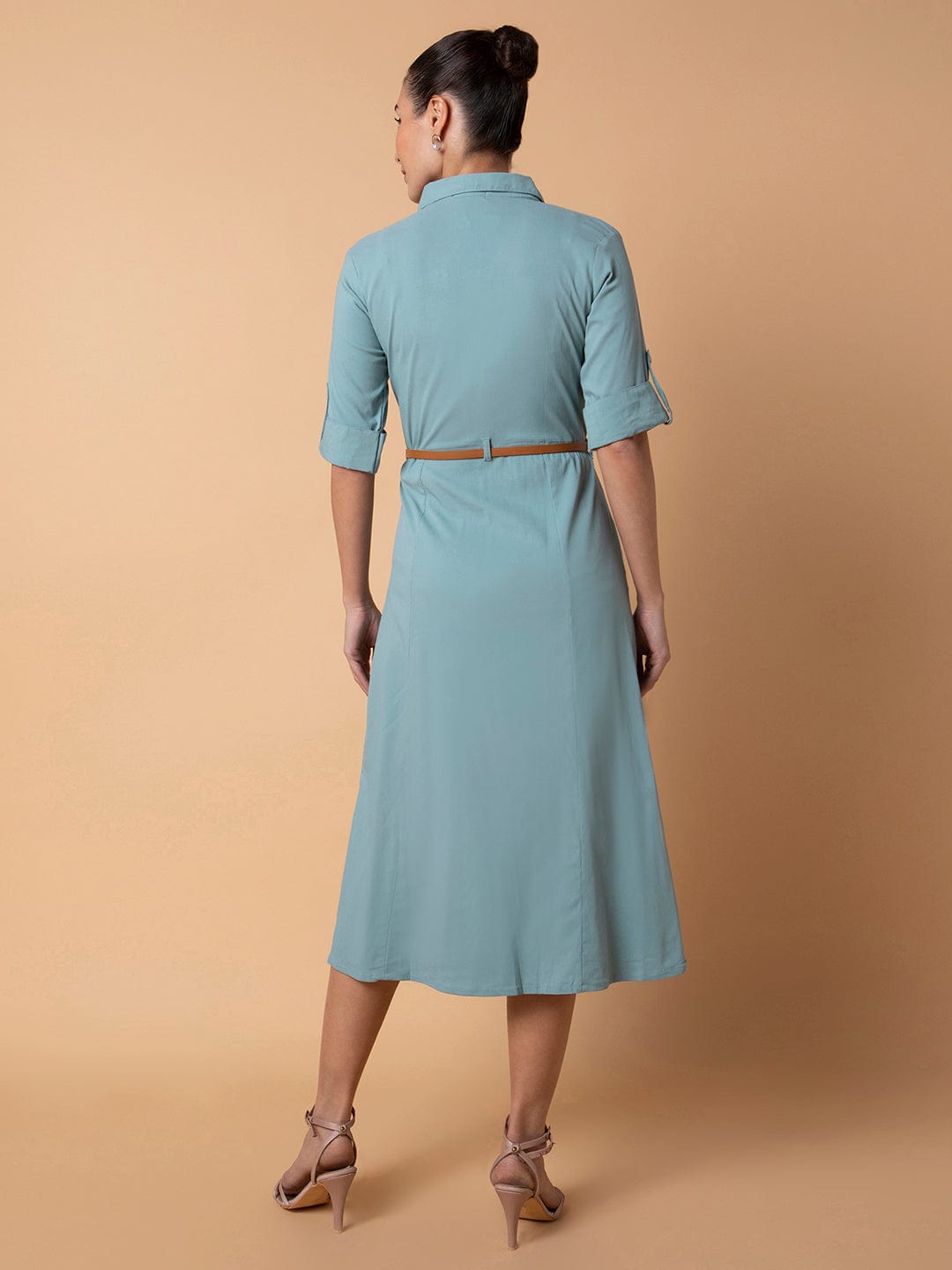 Women's Solid Sea Green Midi A-Line Dress with Belt
