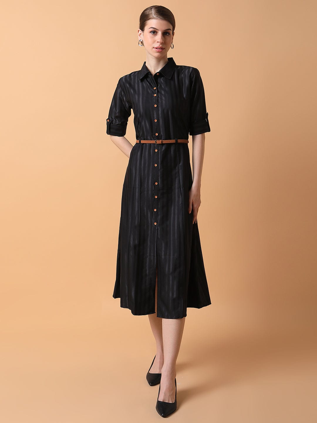 Women's Solid Black Midi Shirt Style Dress with Belt