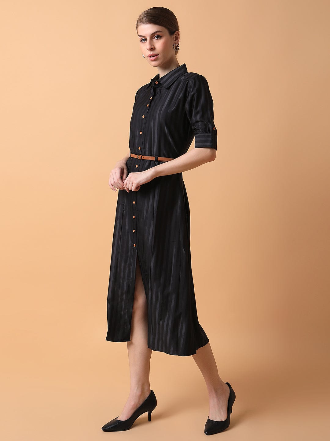 Women's Solid Black Midi Shirt Style Dress with Belt