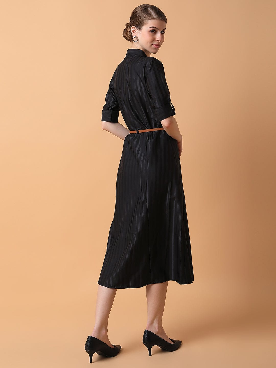 Women's Solid Black Midi Shirt Style Dress with Belt