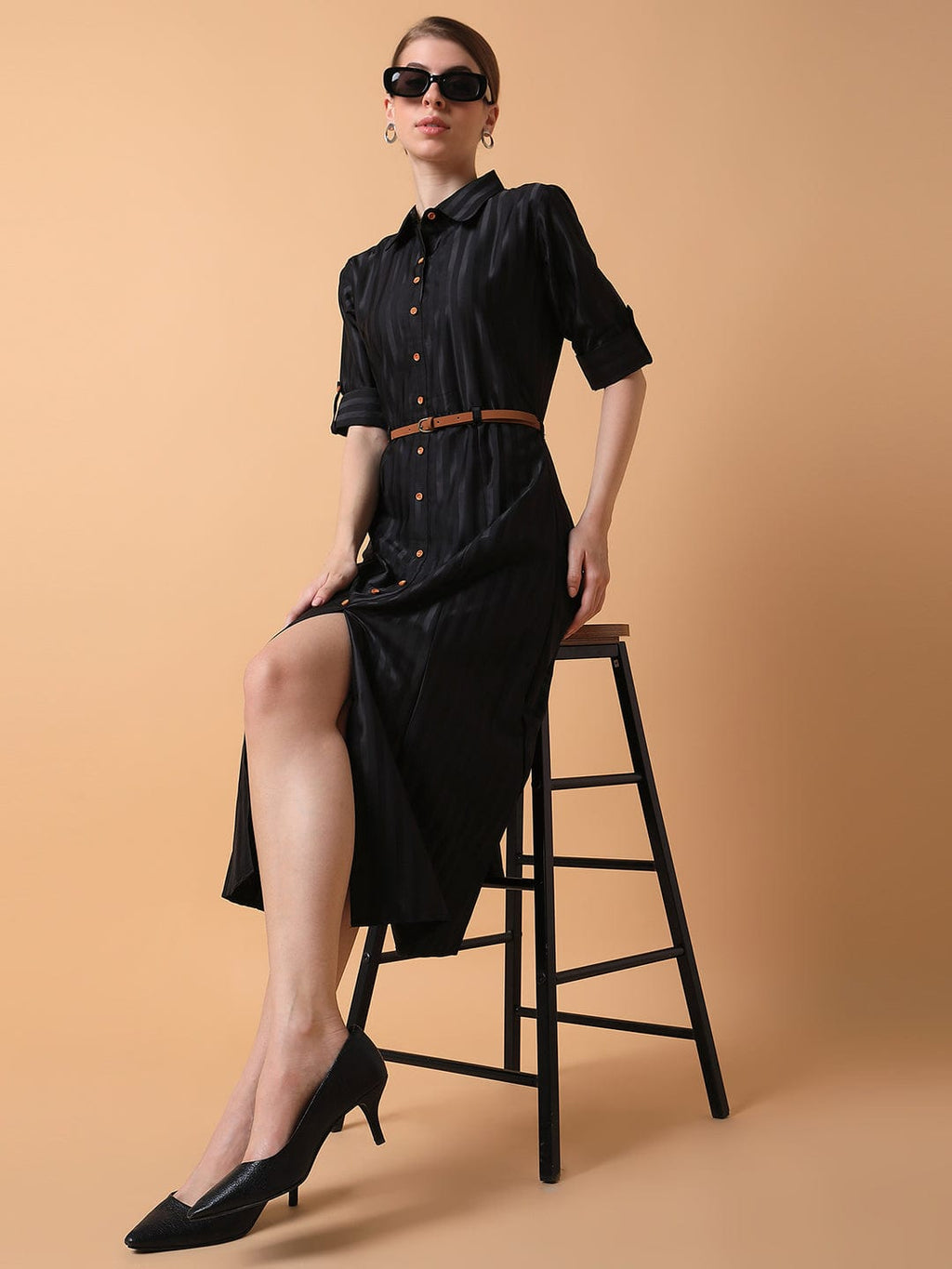 Women's Solid Black Midi Shirt Style Dress with Belt