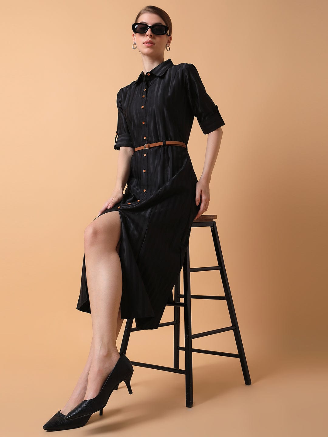 Women's Solid Black Midi Shirt Style Dress with Belt