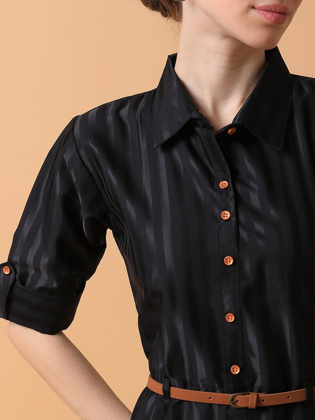 Women's Solid Black Midi Shirt Style Dress with Belt