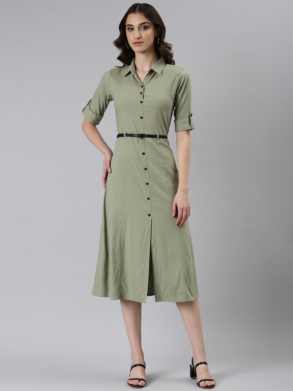 Women's Green Shirt Collar Roll-Up Sleeves Belted A-Line Dress