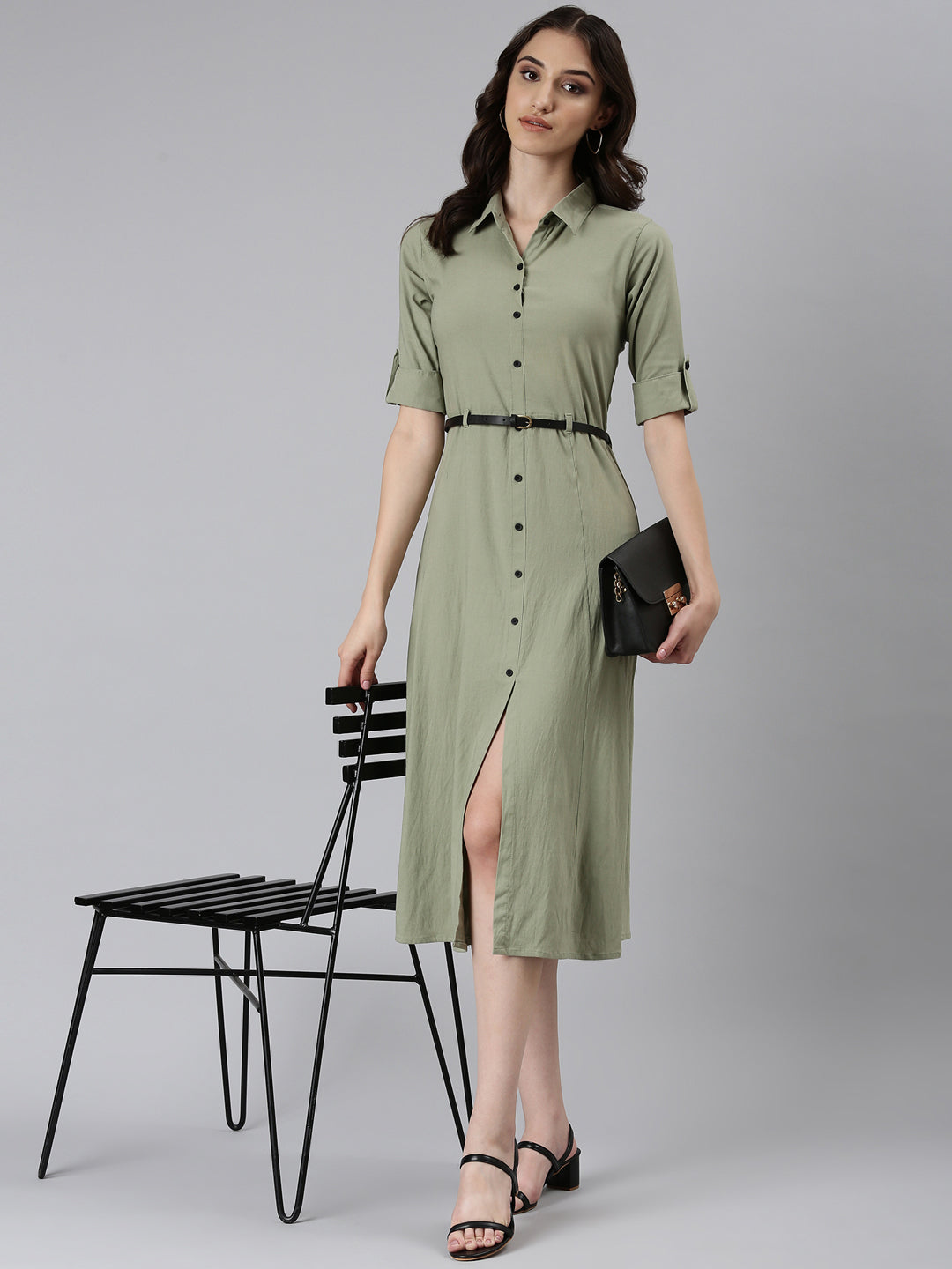 Women's Green Shirt Collar Roll-Up Sleeves Belted A-Line Dress