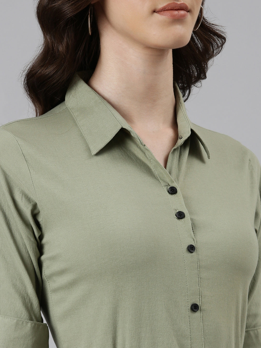 Women's Green Shirt Collar Roll-Up Sleeves Belted A-Line Dress