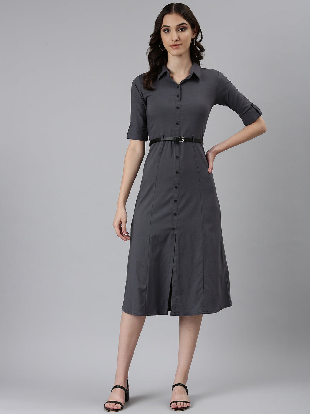 Women's Grey Shirt Collar Roll-Up Sleeves Cotton Shirt Style Dress