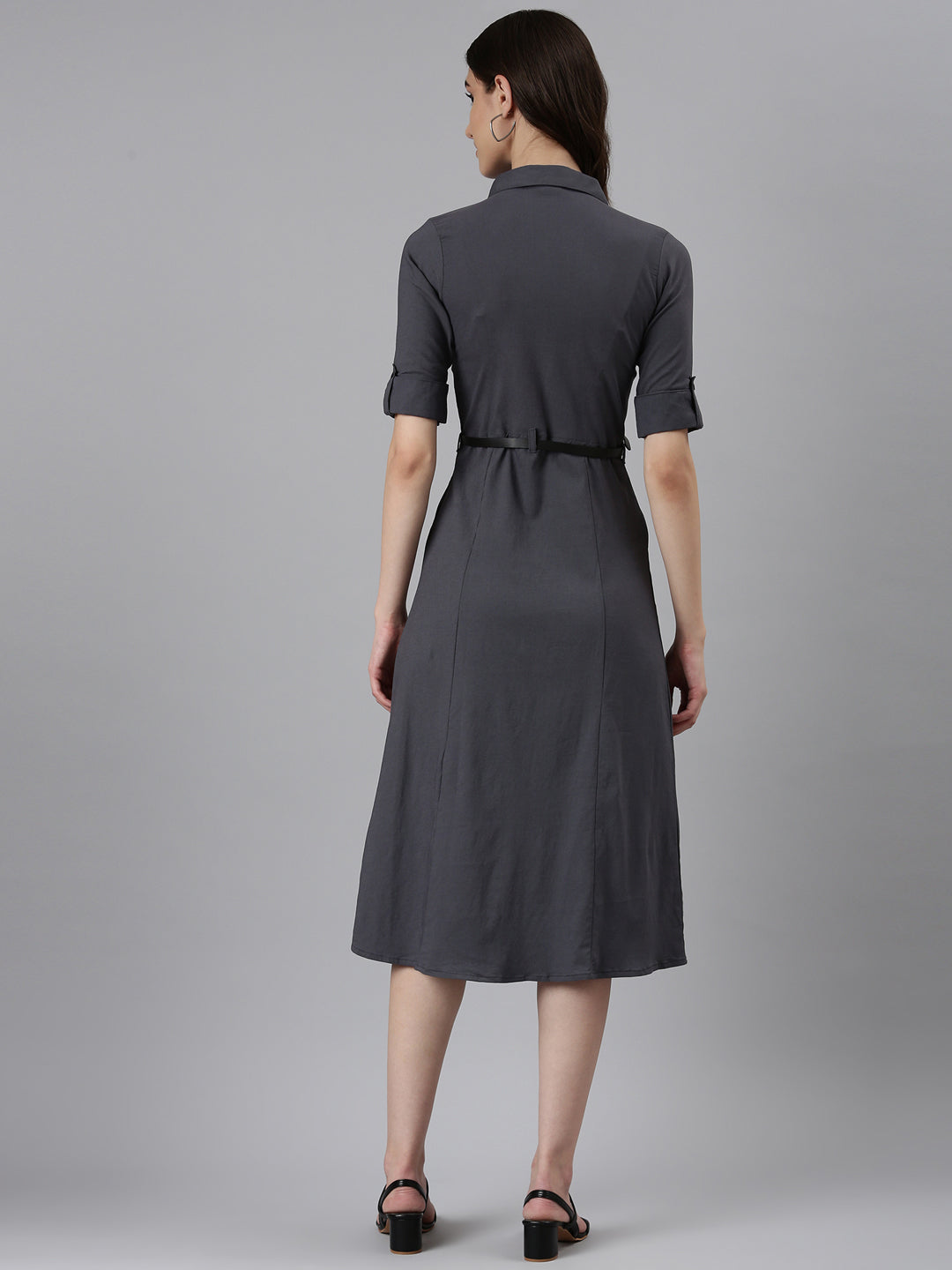 Women's Grey Shirt Collar Roll-Up Sleeves Cotton Shirt Style Dress