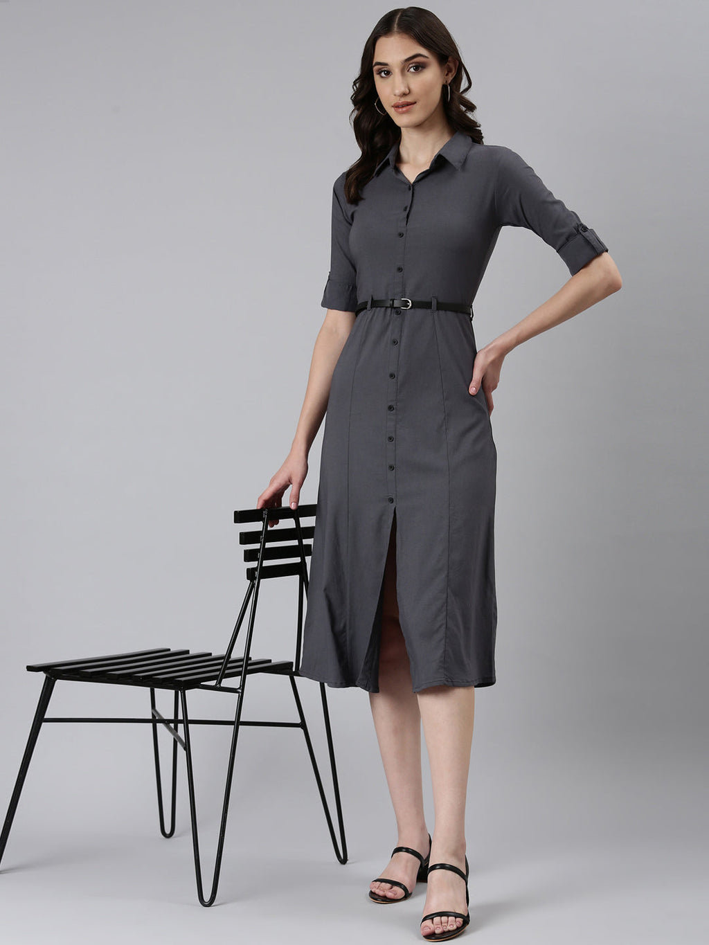 Women's Grey Shirt Collar Roll-Up Sleeves Cotton Shirt Style Dress