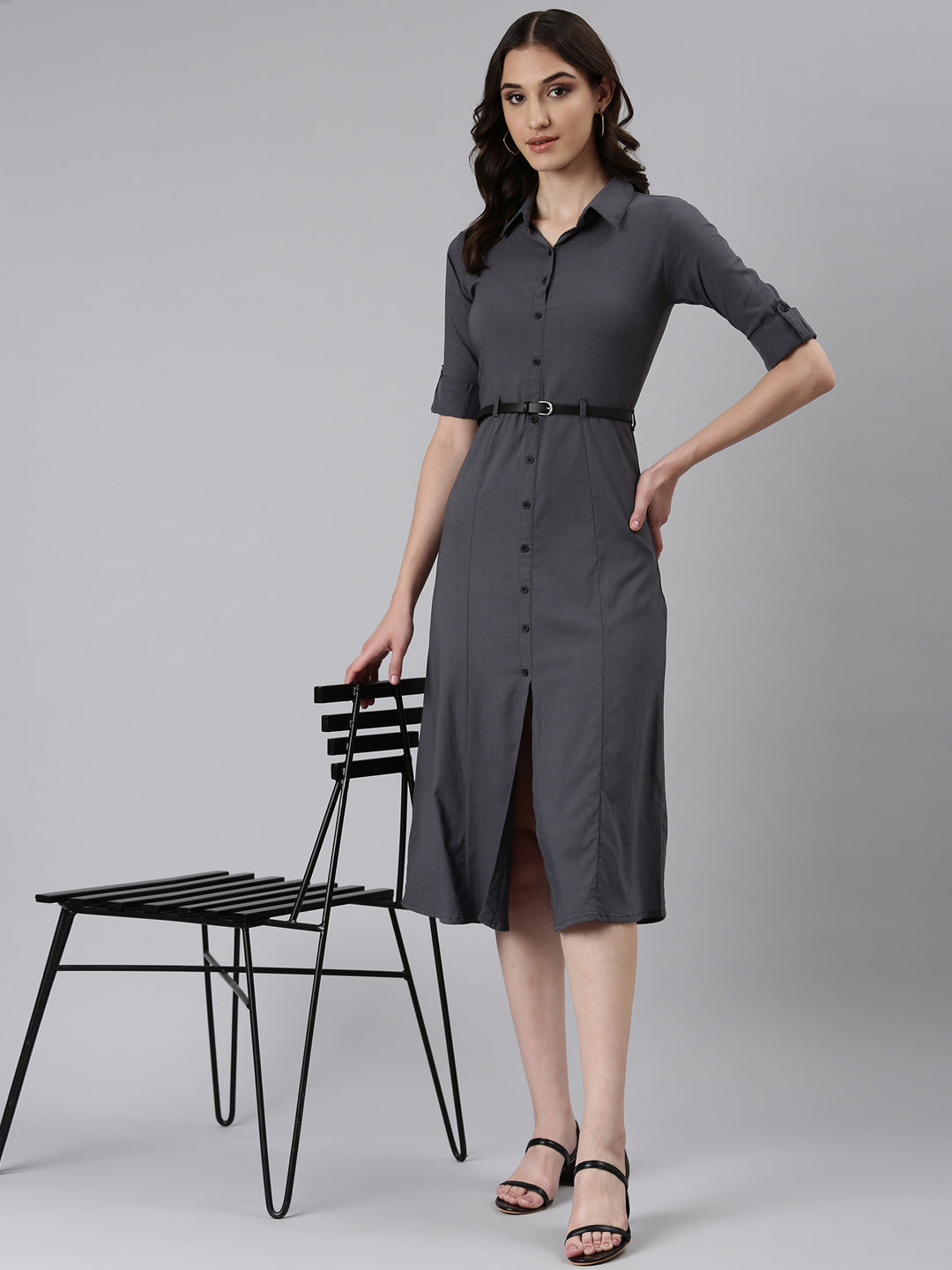 Women's Grey Shirt Collar Roll-Up Sleeves Cotton Shirt Style Dress