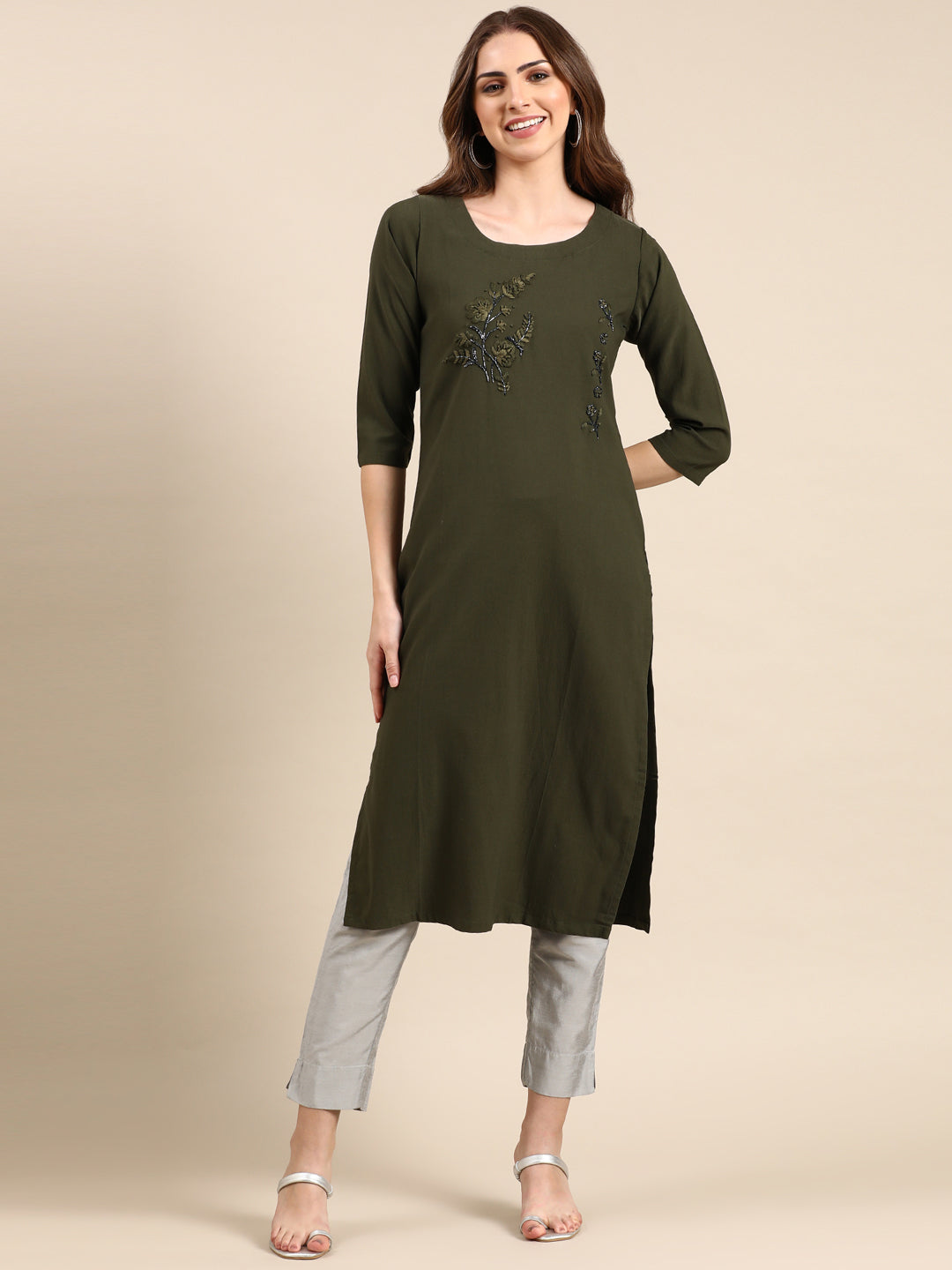 Women's Olive Floral Embroidered Beads & Stones Straight Kurta