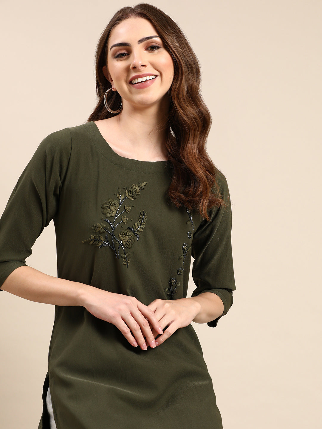 Women's Olive Floral Embroidered Beads & Stones Straight Kurta