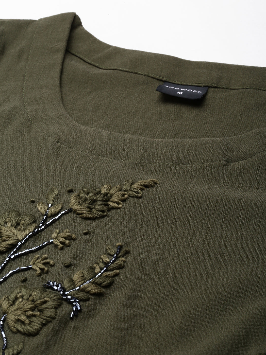 Women's Olive Floral Embroidered Beads & Stones Straight Kurta