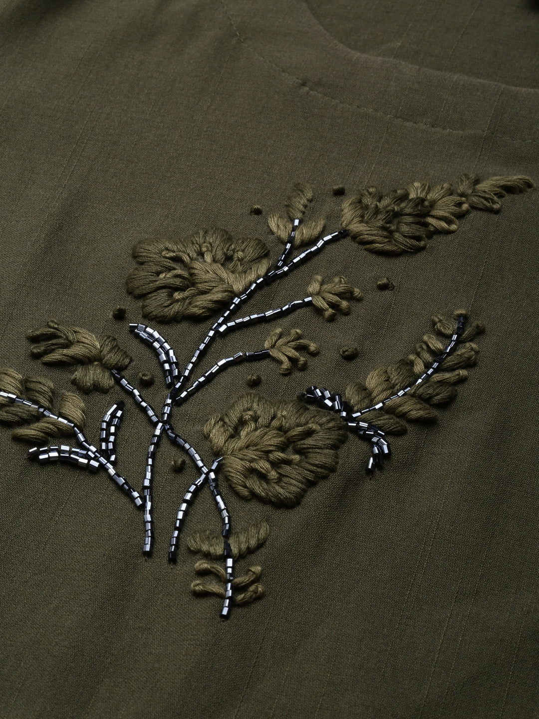 Women's Olive Floral Embroidered Beads & Stones Straight Kurta