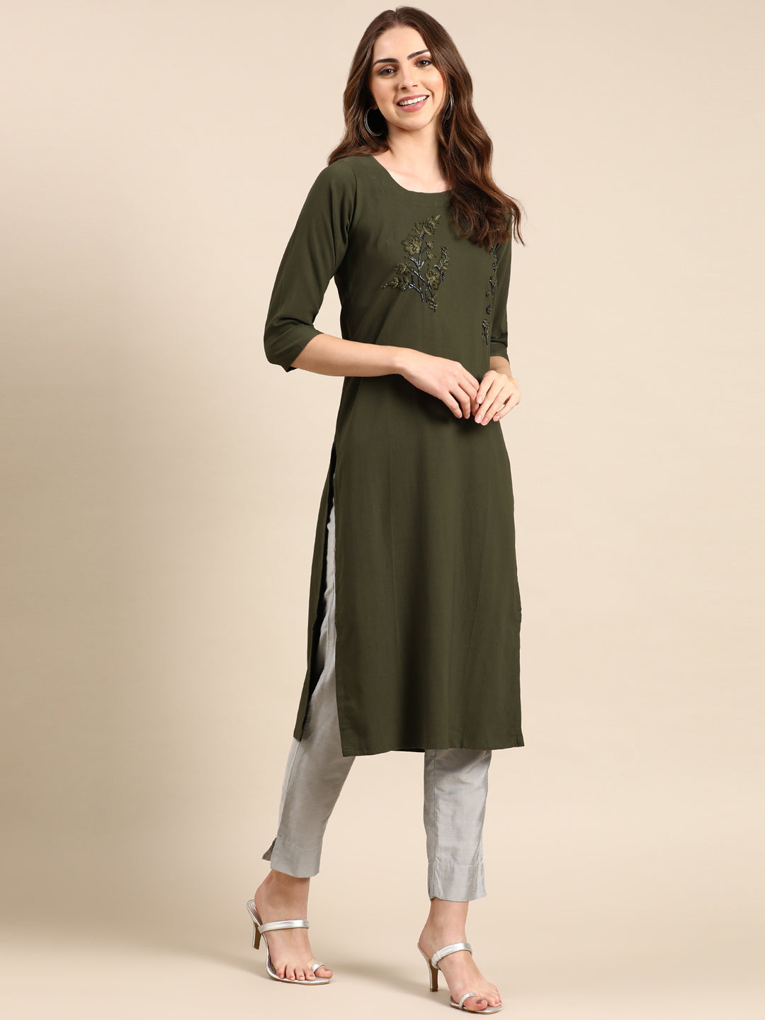 Women's Olive Floral Embroidered Beads & Stones Straight Kurta