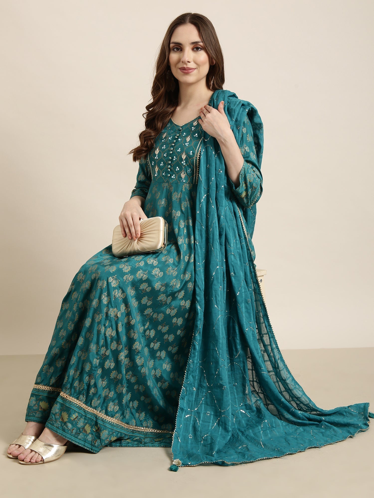 Women's Anarkali Green Floral Kurta Sets with Dupatta