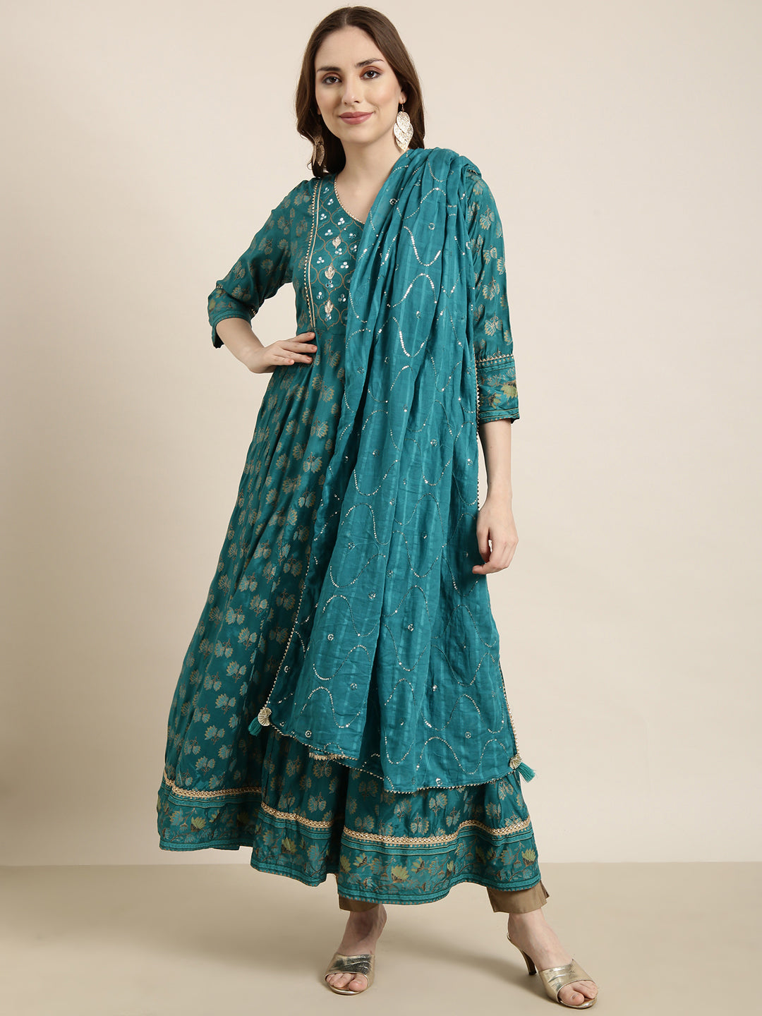 Women's Anarkali Green Floral Kurta Sets with Dupatta