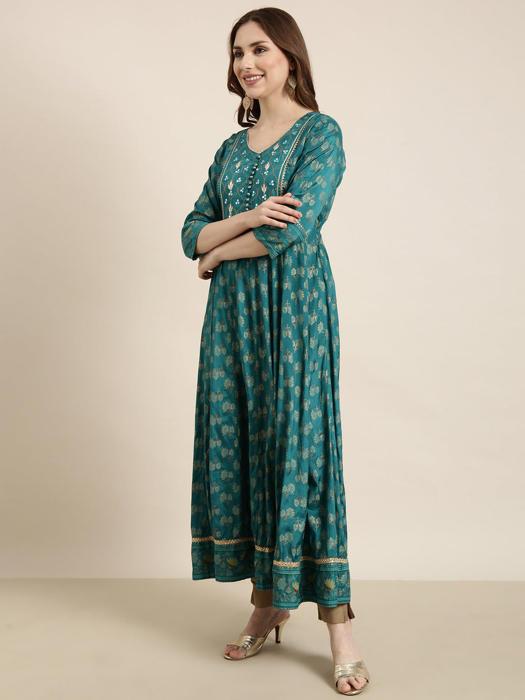Women's Anarkali Green Floral Kurta Sets with Dupatta