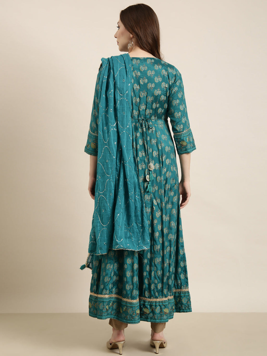 Women's Anarkali Green Floral Kurta Sets with Dupatta