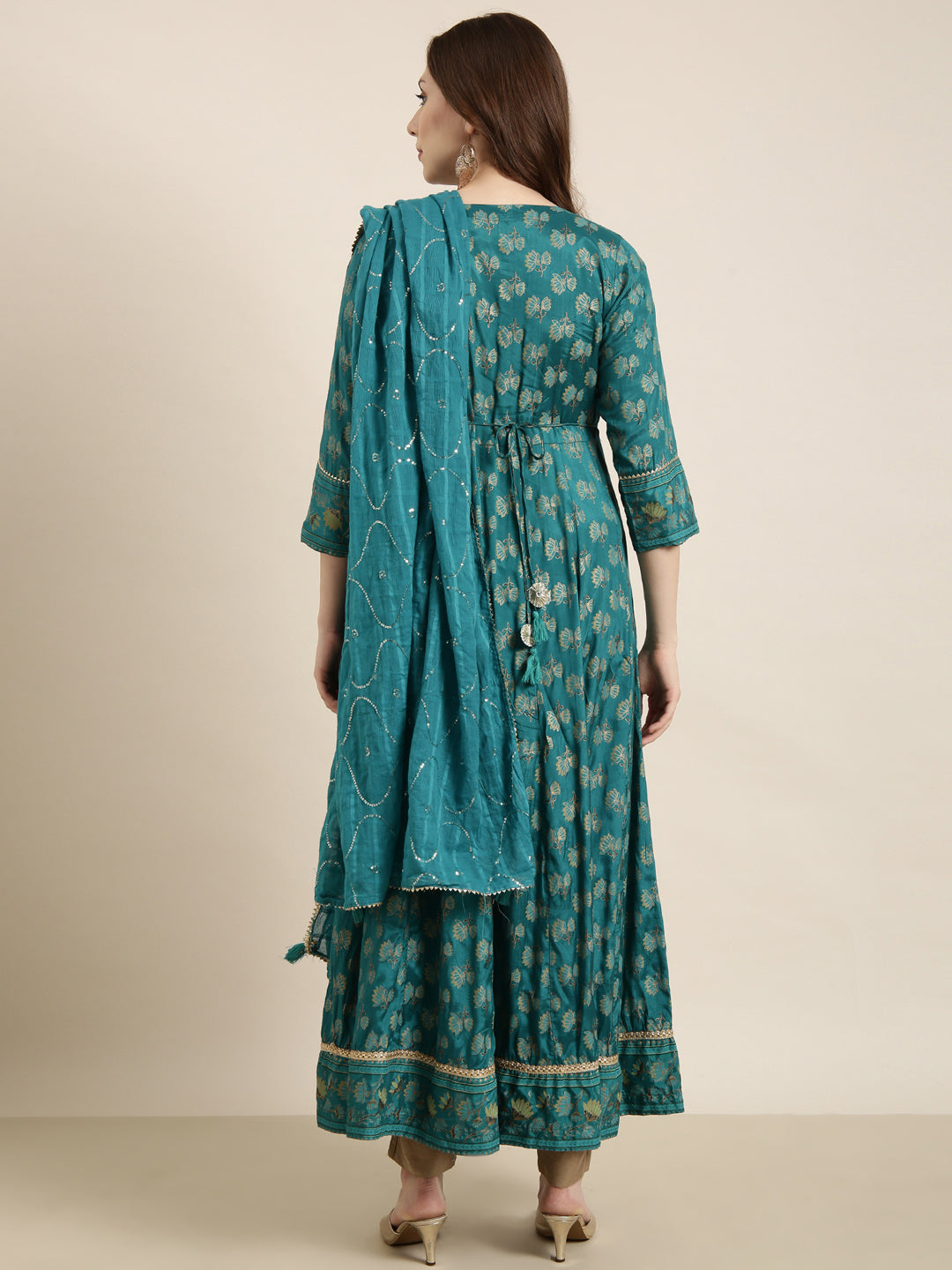 Women's Anarkali Green Floral Kurta Sets with Dupatta