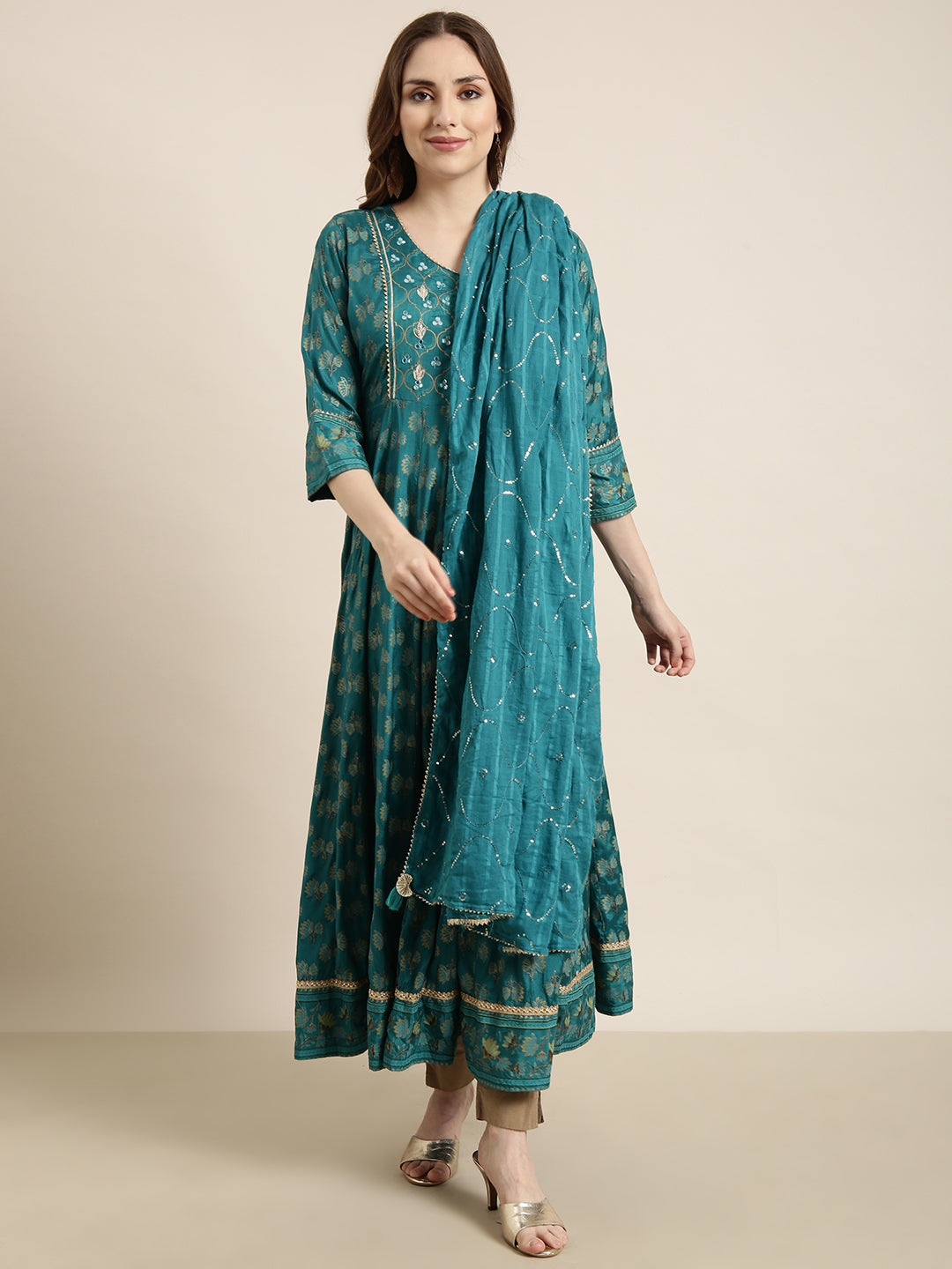Women's Anarkali Green Floral Kurta Sets with Dupatta