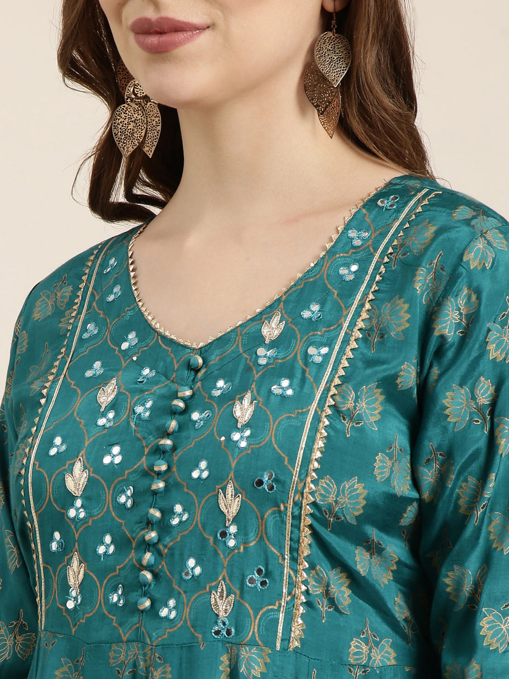 Women's Anarkali Green Floral Kurta Sets with Dupatta