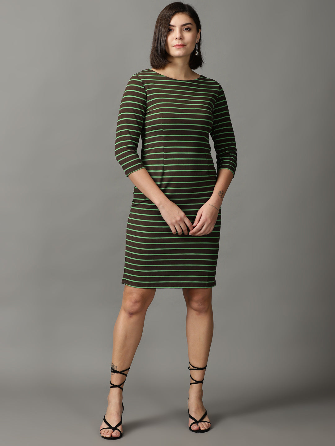 Women's Brown Striped Acrylic Sheath Dress