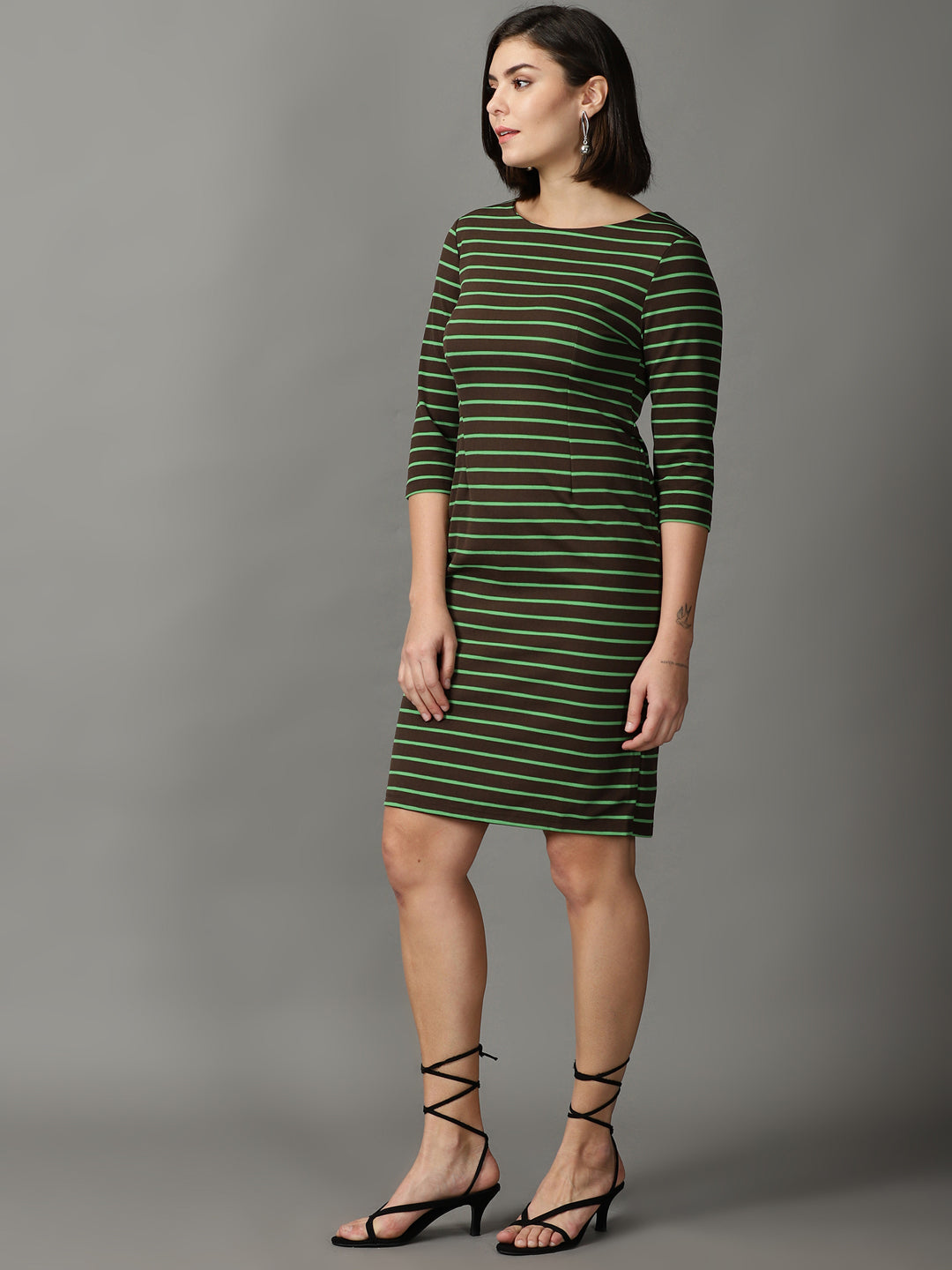 Women's Brown Striped Acrylic Sheath Dress