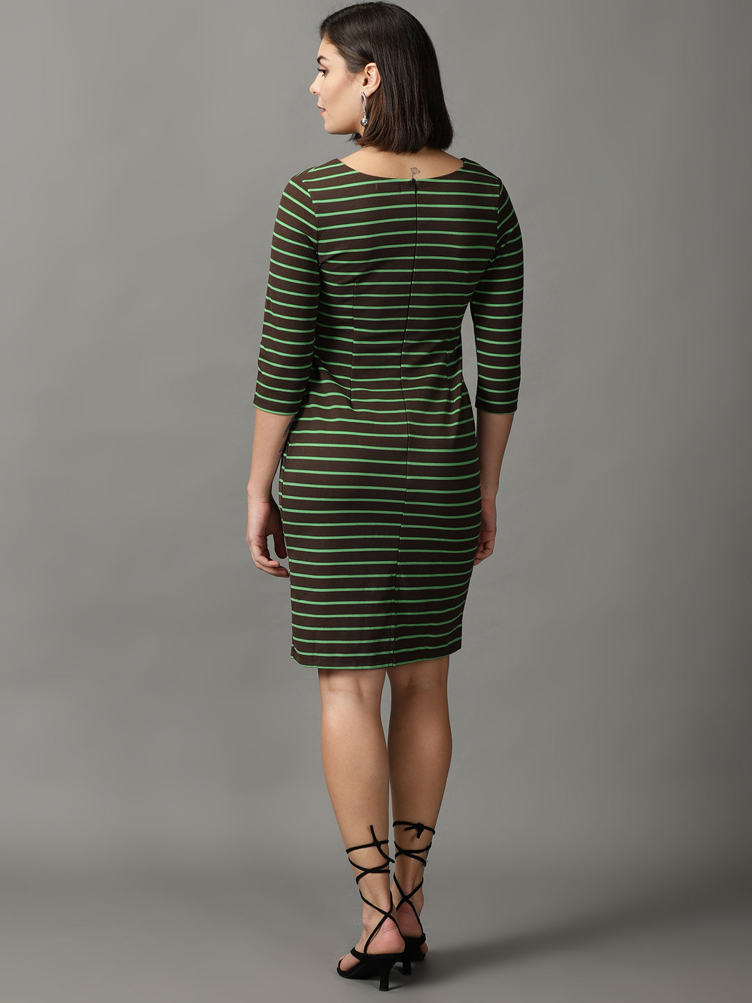 Women's Brown Striped Acrylic Sheath Dress
