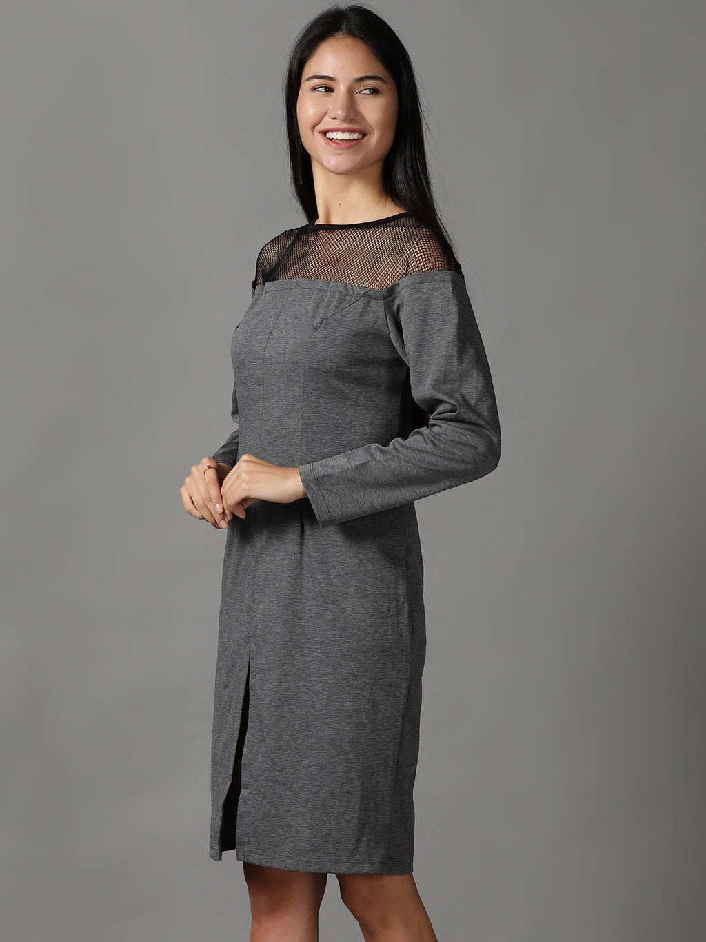 Women's Grey Self Design Flared Sleeves Bodycon Dress