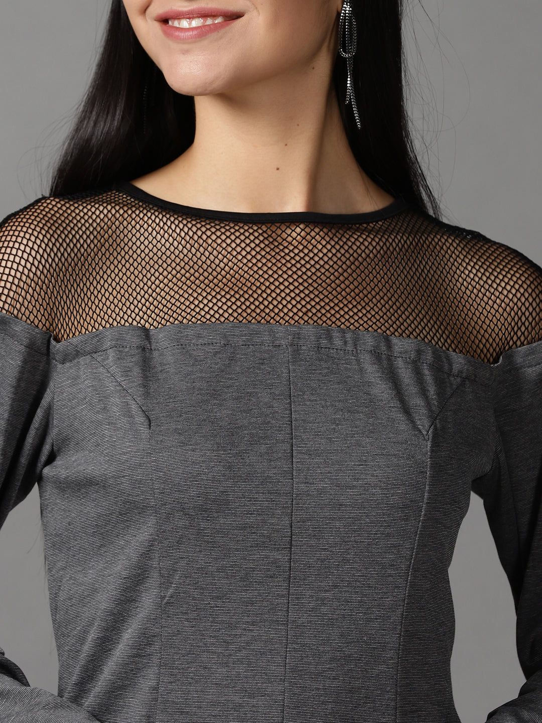 Women's Grey Self Design Flared Sleeves Bodycon Dress