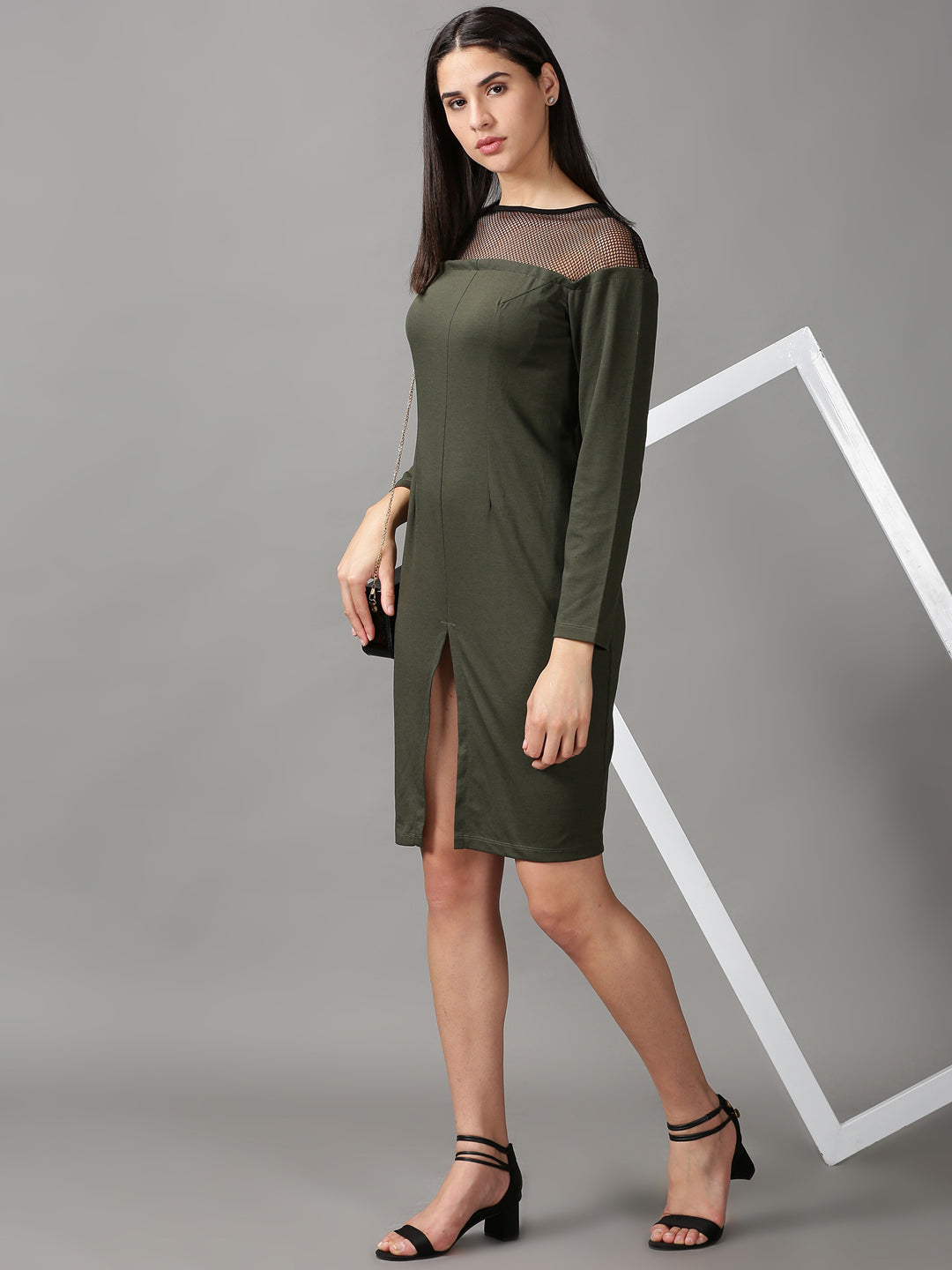 Women's Olive Solid Fit & Flare Dress