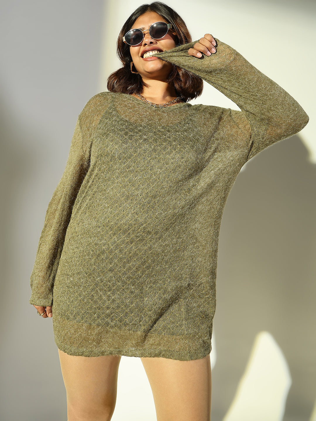 Women's Olive Round Neck Sheath Mini Dress