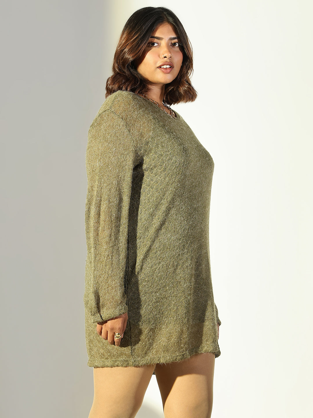 Women's Olive Round Neck Sheath Mini Dress