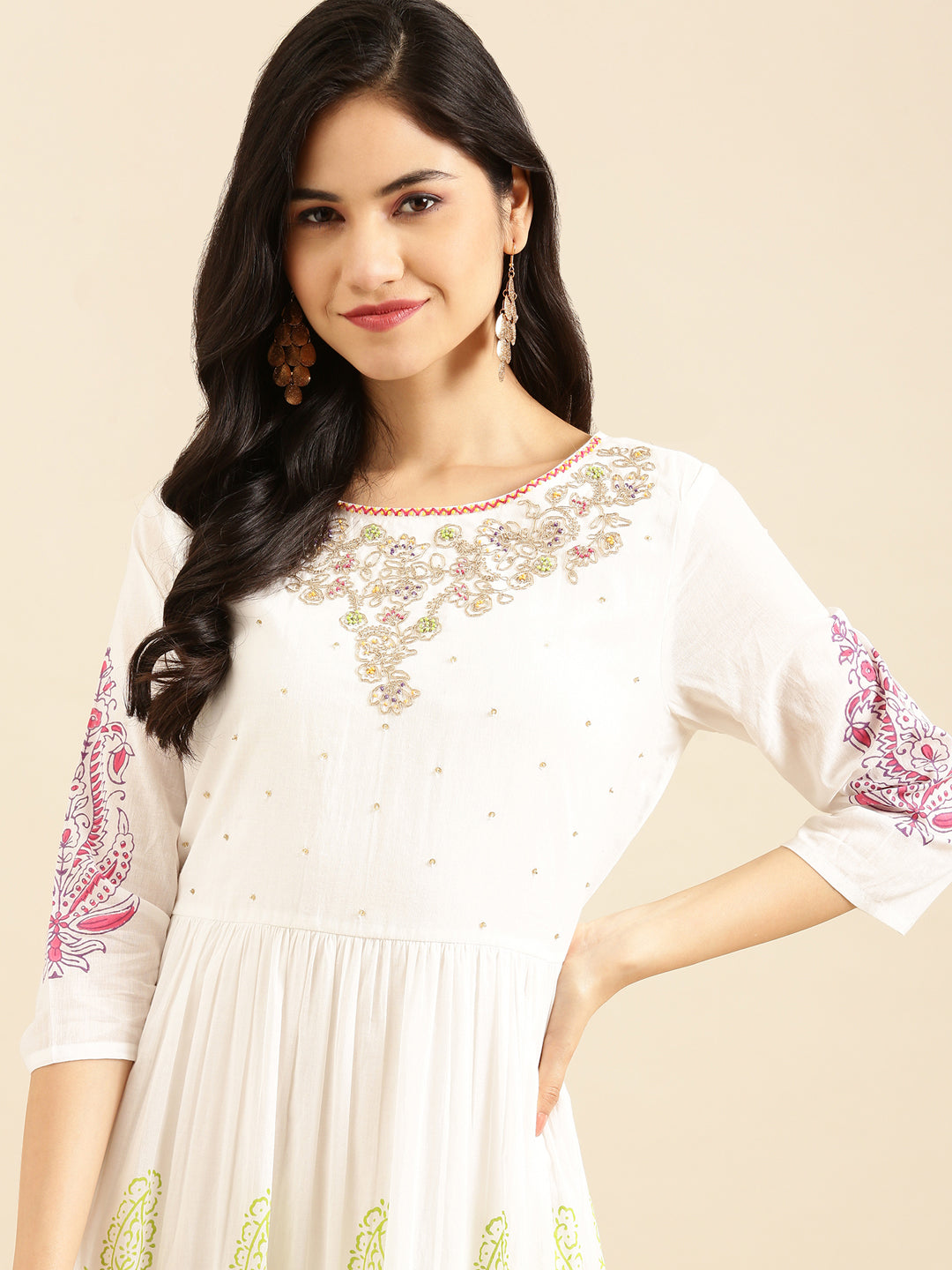 Women's White Ethnic Motifs Printed Anarkali Kurta