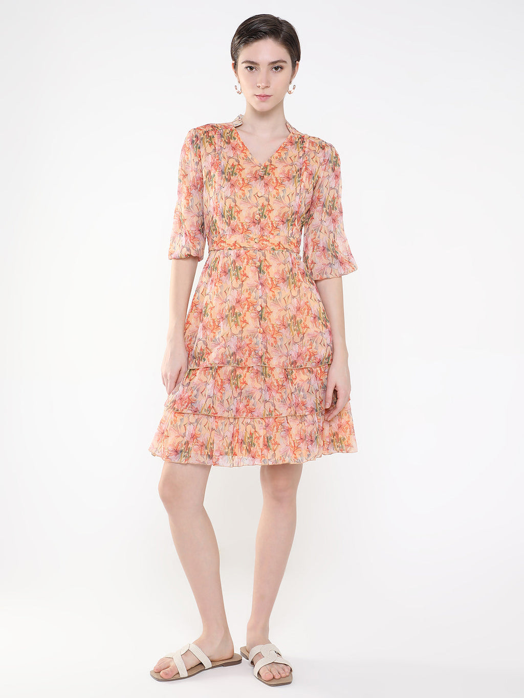 Women's Floral Peach Fit and Flare Dress