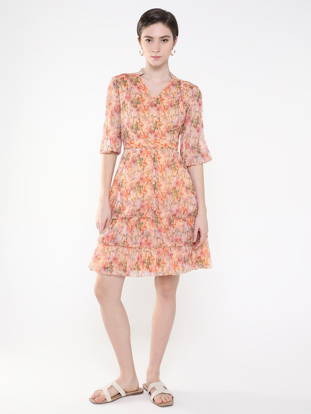 Women's Floral Peach Fit and Flare Dress