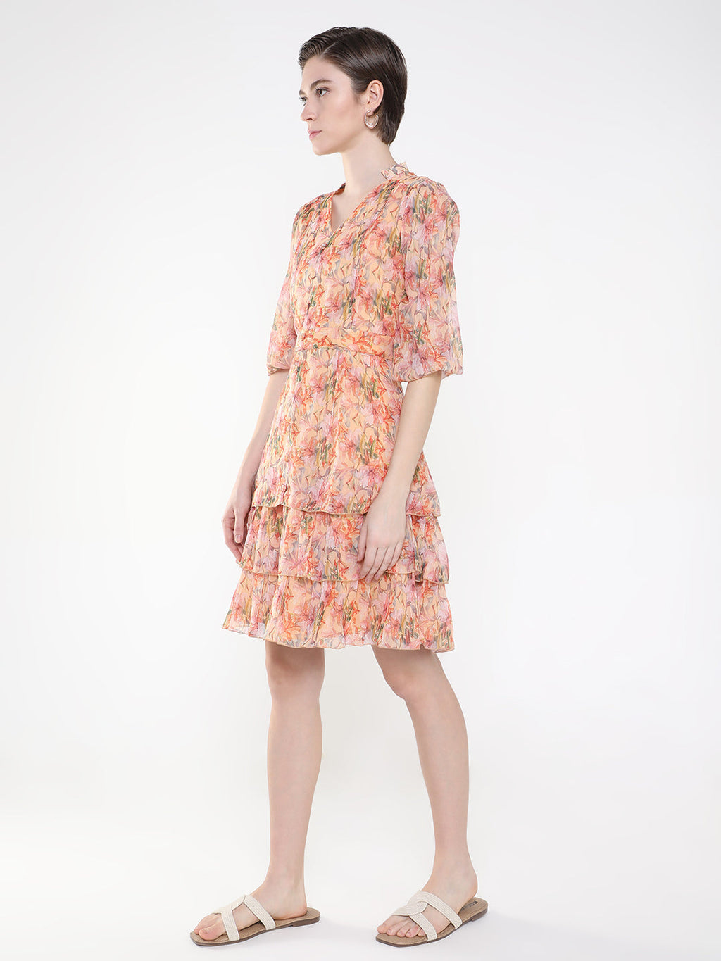 Women's Floral Peach Fit and Flare Dress