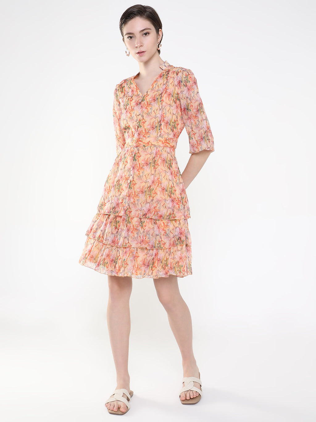Women's Floral Peach Fit and Flare Dress