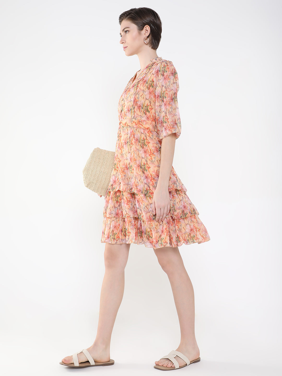 Women's Floral Peach Fit and Flare Dress