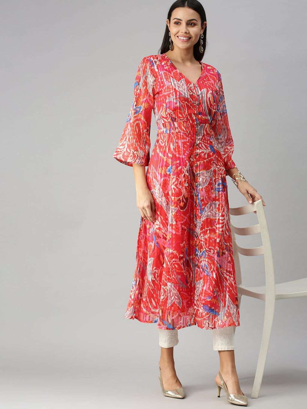 Women's V-Neck Printed Red A-Line Kurta