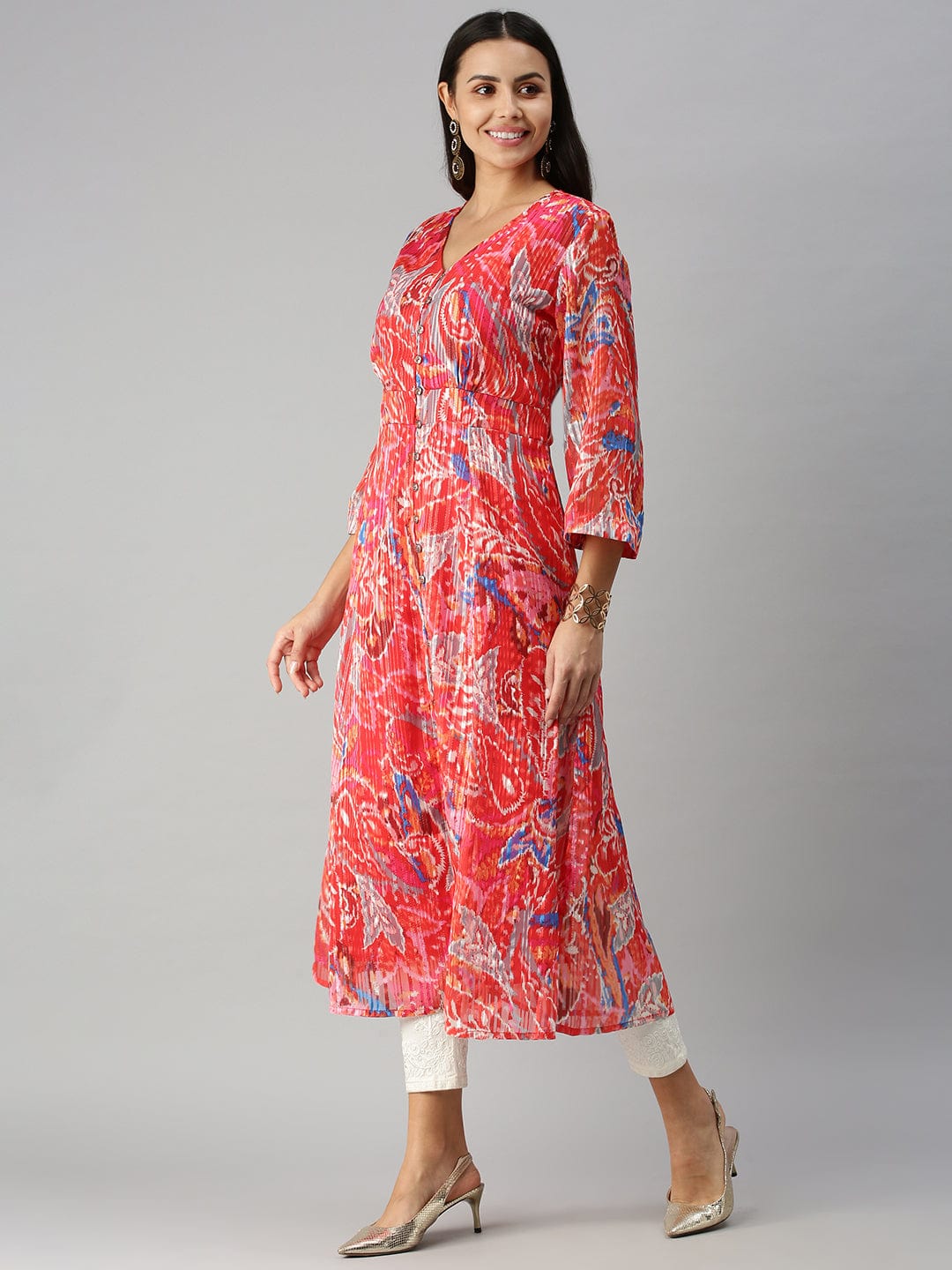 Women's V-Neck Printed Red A-Line Kurta