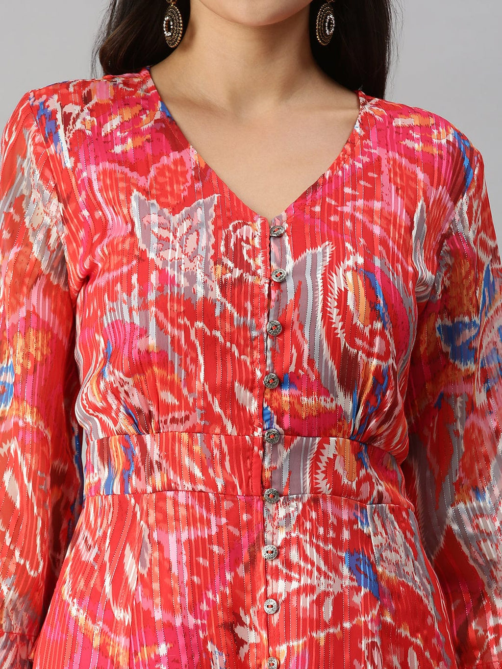 Women's V-Neck Printed Red A-Line Kurta