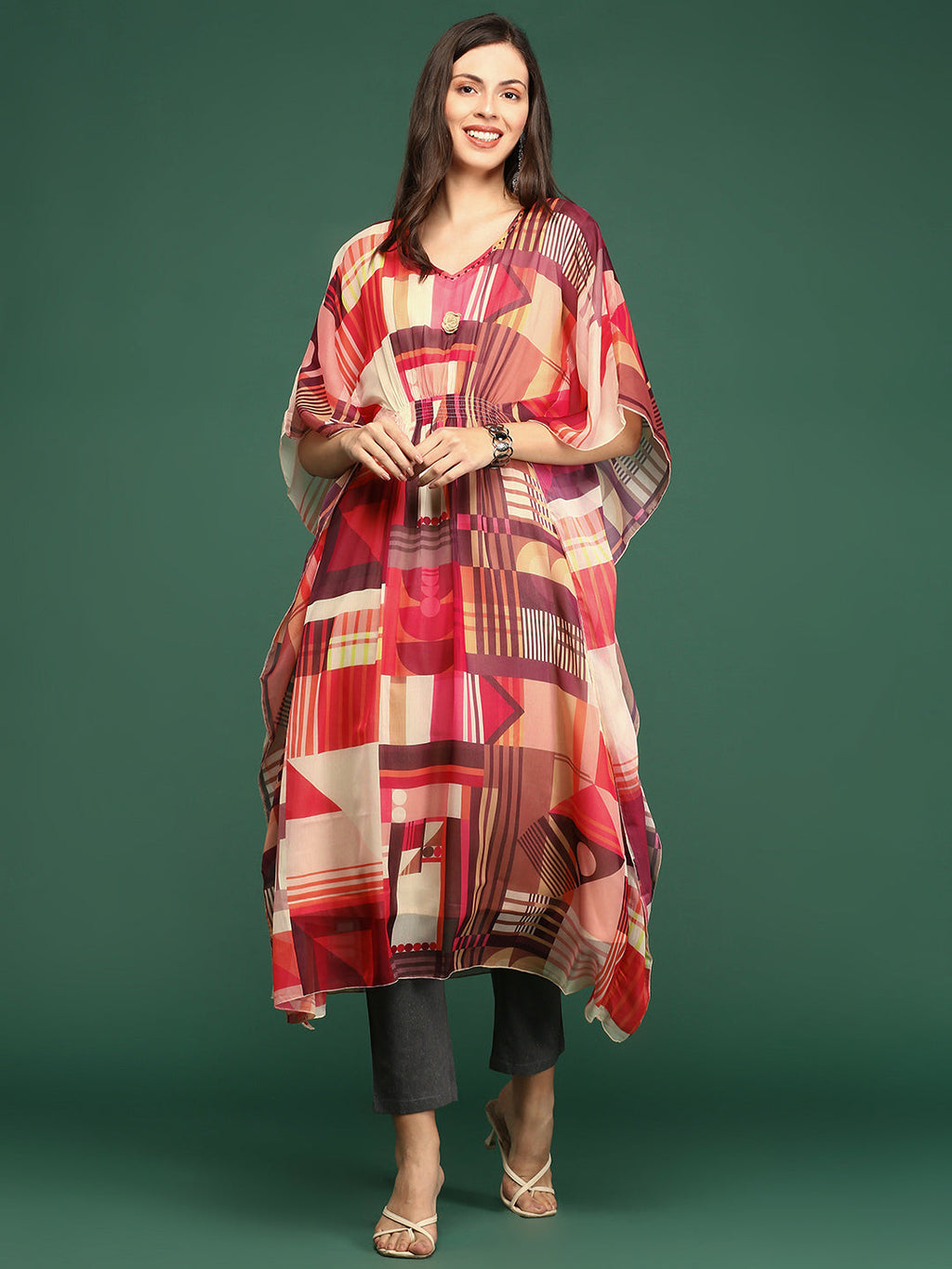 Women's V-Neck Abstract Multi Kaftan Kurta
